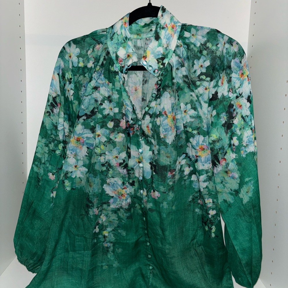 Zimmermann Green Floral Linen Blouse